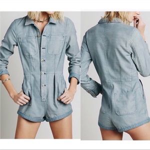 Free People Grey Denim Long Sleeve Utility Romper - Medium